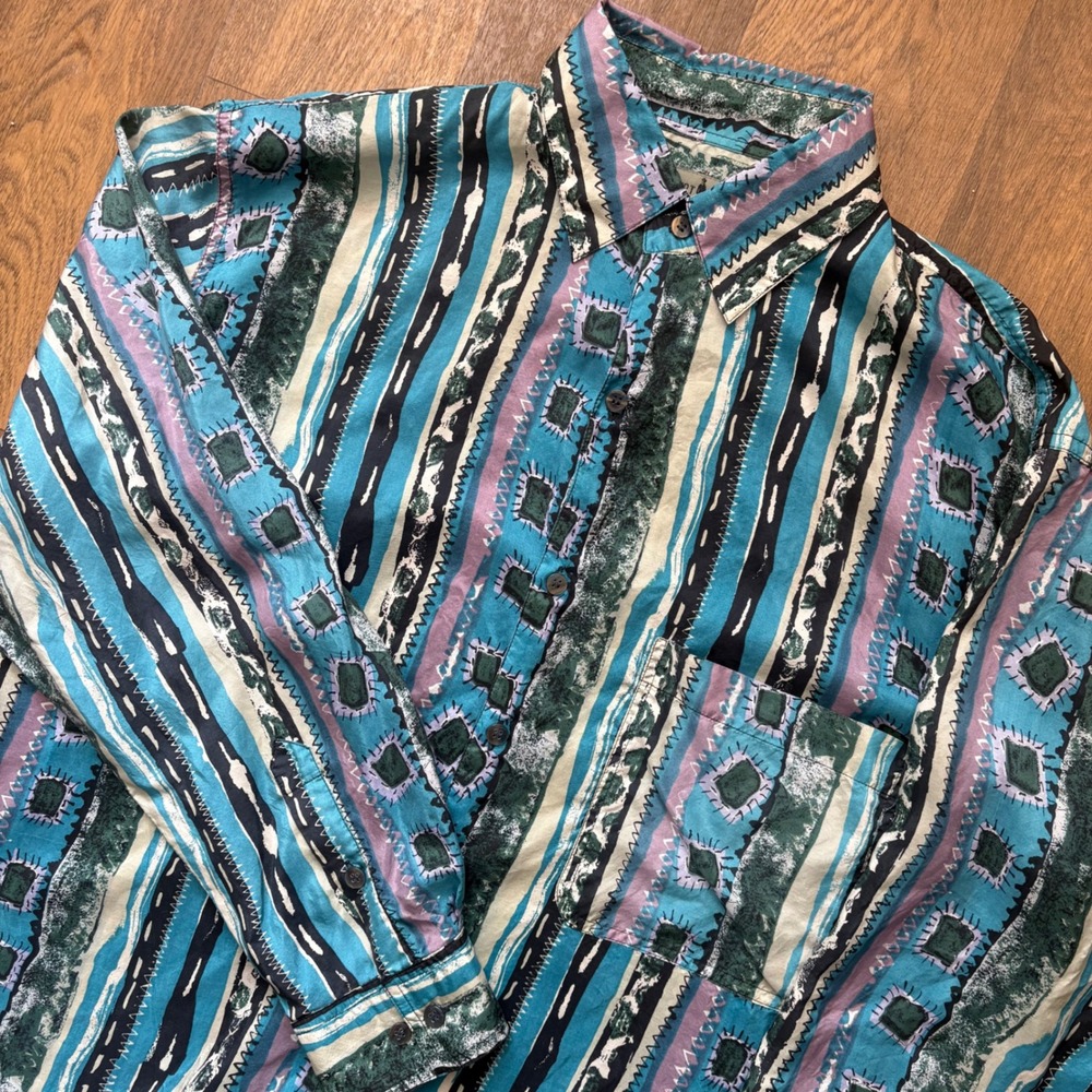 Vintage 1990's Robert Stock Men's 100% Silk Patterned Wearable Art Button Down